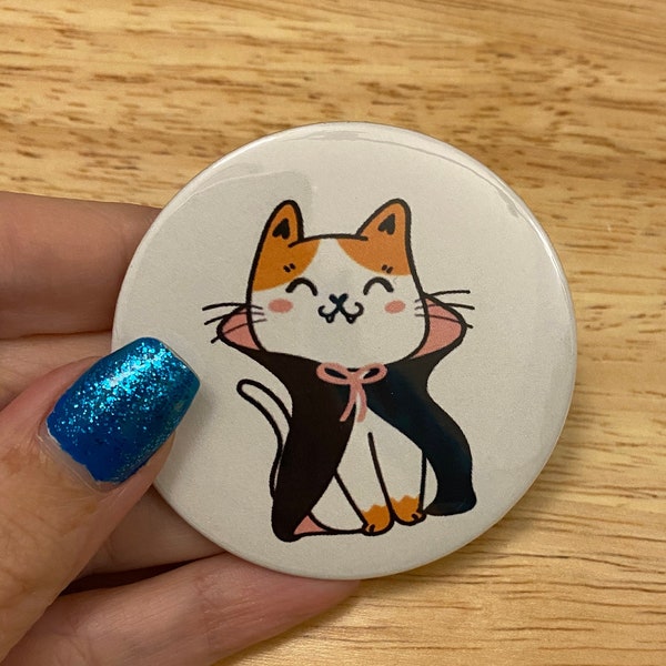 Count Dracula Cat 2.25" Button Pins or 1.25" Button options, Back Pack Decoration, Cat dressed as Dracula Pin, Cute Dracula Cat Pin, Hallowe