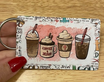 Coffee and Jesus Key Chain Double Sided, Jesus and Coffee Line Up Key Chain, Latte and Jesus Key Chain, Christian Keychain