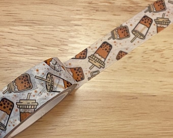 Rolo grande de fita adesiva decorativa com estampa de chá de bolhas gelado, fita adesiva decorativa para chá de bolhas, fita adesiva decorativa para chá de tapioca, fita adesiva decorativa fofa para chá