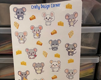 16 Mice Sticker Sheet with cheese, cute mice with cheese, Kawaii mice sticker sheet