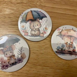 Set of 3 Umbrella Pets Button Pins 2.25&quot; Button Pins or 1.25&quot; Button options, Back Pack Decoration, Mouse and 2 cats  PinBacks buttons