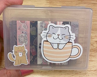 10 Washi Tape Samples with Storage Box Set Decorated with Teacup Cat and 2 Extra Blank Cards, Storage Box set with Washi Tape Samples