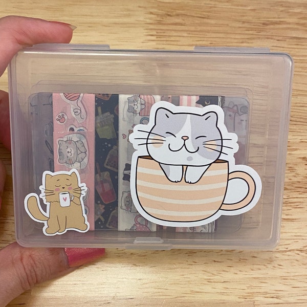 10 Washi Tape Samples with Storage Box Set Decorated with Teacup Cat and 2 Extra Blank Cards, Storage Box set with Washi Tape Samples