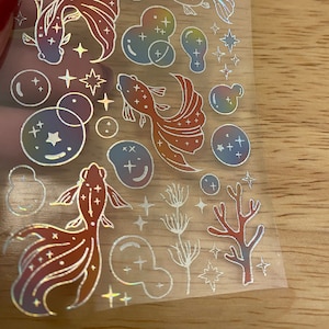 Holographic Clear Tape with Goldfish and bubbles with coral, PET Washi Tape Fish, Pretty Fish Clear Tape, Clear Holographic Tape