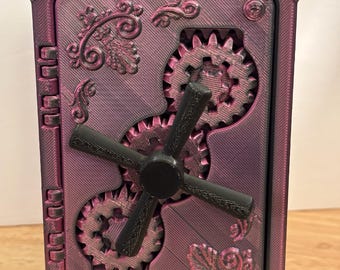 Salvadanaio a forma di cassaforte stampato in 3D su misura, design steampunk.