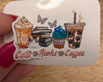 Cats Books and Coffee Lineup sticker, Coffee books and Cats line up, cats and coffee line up sitcker, cats books and coffee sticker