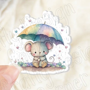 Mouse and Umbrella STICKER, Cute Mouse sticker, Cute Mouse with Rainbow brella sticker, Holographic option, Grey Mouse Sticker