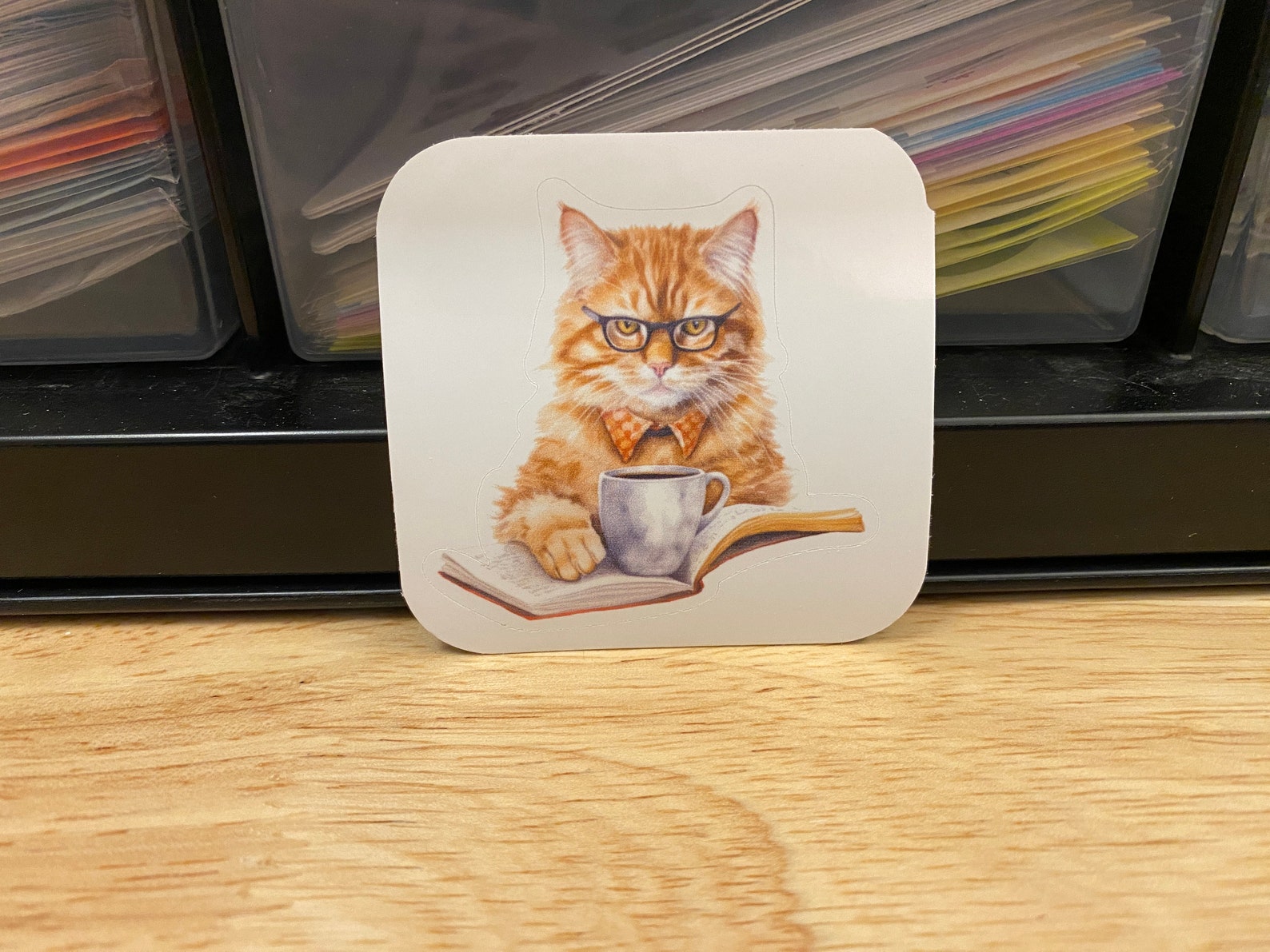 Cat Reading and Coffee Sticker, Red Cat Sticker, Cute Cat With Paper ...