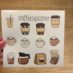 BOPP Coffee Planner Sheet of Latte and Coffee cups Planner Stickers, 1&quot; Planner Stickers, Coffee Beans Planner Stickers
