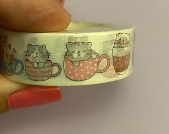 Big Roll of Tea Cup Cats Washi Tape, Cats with Tea Cup Washi Tape roll, Sample Washi Tape,  Adhesive Masking Tapes, Tea Cup Cats Design Tape