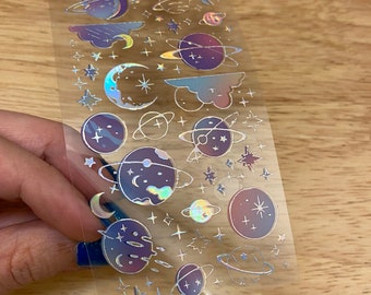 PET Washi Tape Moon, Pretty Moon and Stars Clear Tape, Galaxy Clear Holographic Tape
