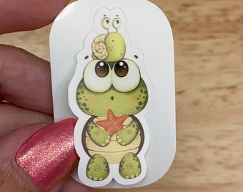Cute Snail on Green Frog with Big Eyes Sticker, Cute Frog with Snail sticker,  Holographic option, Frog Standing up with Cute Snail