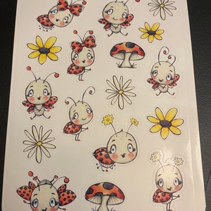 1&quot; - 1.5&quot; Lady Bugs Stickers Sheet, LadyBug Sticker Sheet, Cute ladybugs and flowers sheet