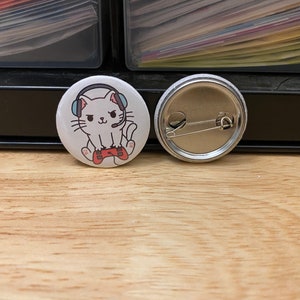 Gaming Cat 2.25&quot; Button Pins or 1.25&quot; Button options, Back Pack Decoration, Cat Pin, Cat designed pinback, Cat gamer pin