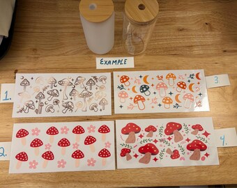 Glazen beker met paddenstoelen, doorzichtige of gematteerde beker, beker met paddenstoelen, beker met paddenstoelen, beker manen en paddenstoelen