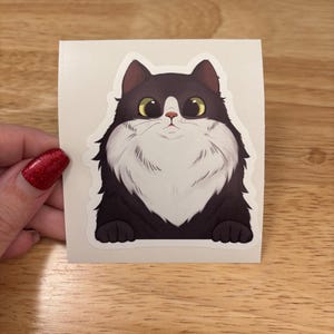 Dark Grey Fluffy Tuxedo Cat STICKER, Grey Cat Sticker, Holographic option, Grey Cat with White Sticker