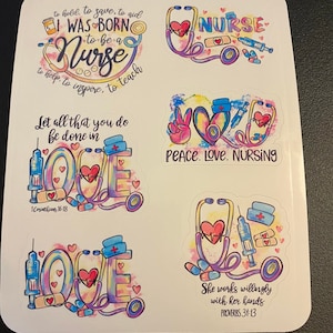Sheet of Nurse Stickers, Watercolor Nurse Stickers, Peace Love Nurse Sticker, Love Nurse Sticker, Christian Stickers for Nurses