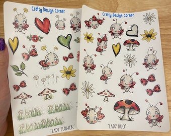 2 sheets of Lady Bugs sticker, LadyBug Sticker Sheet, Ladie Bug Sticker Sheet, Cute ladybugs and flowers sheet