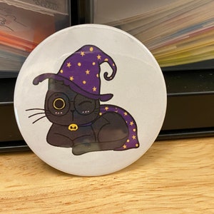 Halloween Cat with Witch hat 2.25&quot; Button Pins or 1.25&quot; Button options, Back Pack Decoration, Cat with Witch Hat Pin, Witch Cat Pin