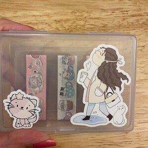 3 Washi Tape Samples with Storage Box Set Decorated with Cat Lady and Extra Cards, Cat Lady Washi Tape Card with Storage Box, Sample Washi