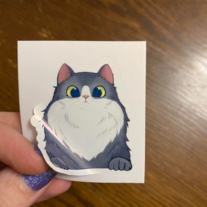 Fluffy Tuxedo Cat STICKER, Grey Cat Sticker, Holographic option, Grey Cat with White Sticker