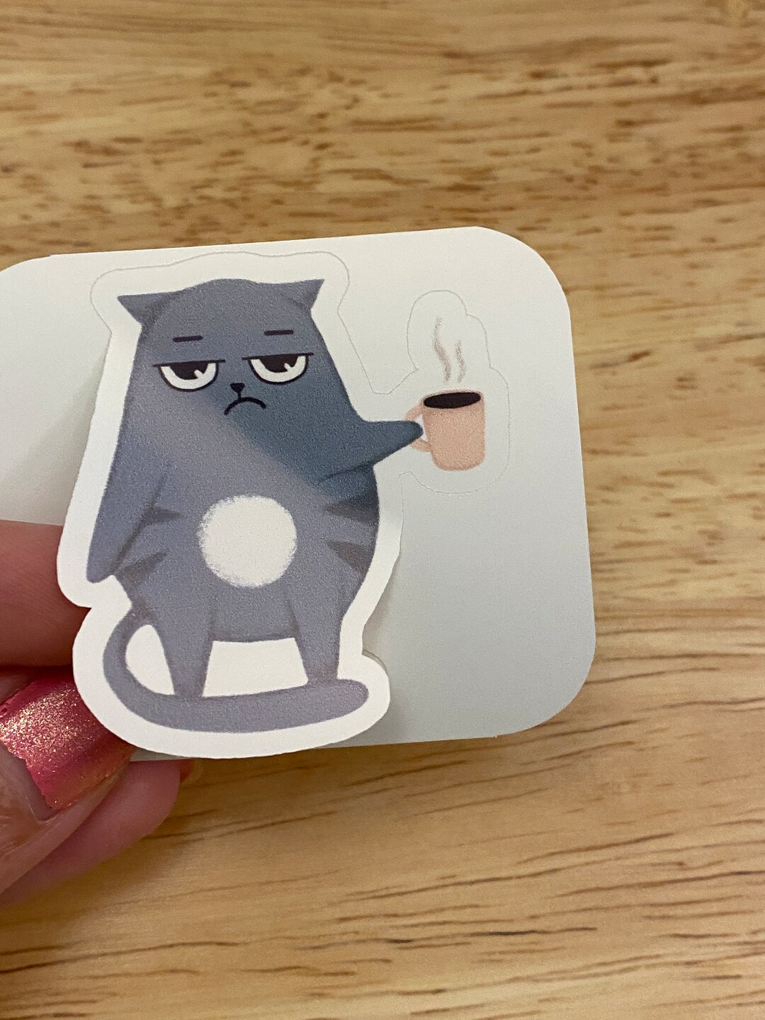 Gray Cat With Coffee Mug Sticker, Grey Cat Coffee Sticker, Cute Cat ...