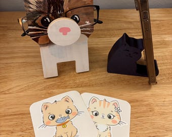 Cat Eyeglass Stand Bundle comes with Cat cell phone stand and Cute Stickers, Cat Glasses Holder, wooden eyeglasses stand set, Cat Bundle