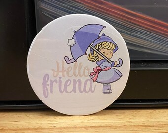 Pines de botón de 2,25" y pin de botón de 1,25" Opciones de Hello Friend, diseño de amigo, pin de chubasquero morado de decoración de mochila, botón de chica linda