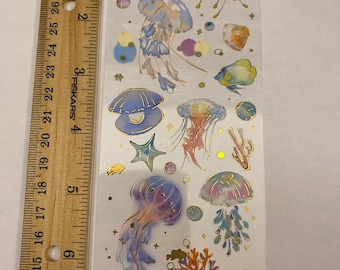 PET Foil Clear Tape with Blue Ocean Stuff, PET Washi Tape Ocean Fish, Pretty Sea Squids Clear Tape, Clear Decorative Tape