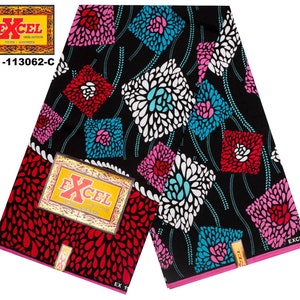 May include: Black fabric with a repeating pattern of white, pink, and blue floral designs in a square shape. The fabric has a label that says "EXCEL 100% COTTON" and "EX-113062-C".