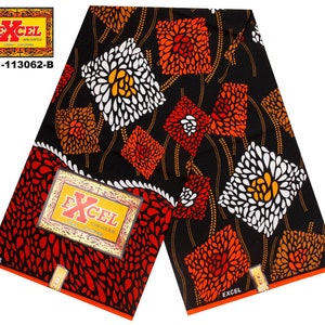 May include: Black fabric with a repeating pattern of orange, red, and white stylized flowers. The fabric has a gold border and the text "EXCEL" is printed on the fabric.