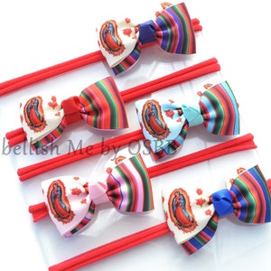 Mini Twisted Bow Tie Virgin Mary Serape Hairbow, Hair Bow, Mexican Mono, Cinco de Mayo, First Holy Communion, Dia De Los Madres, Mother Day