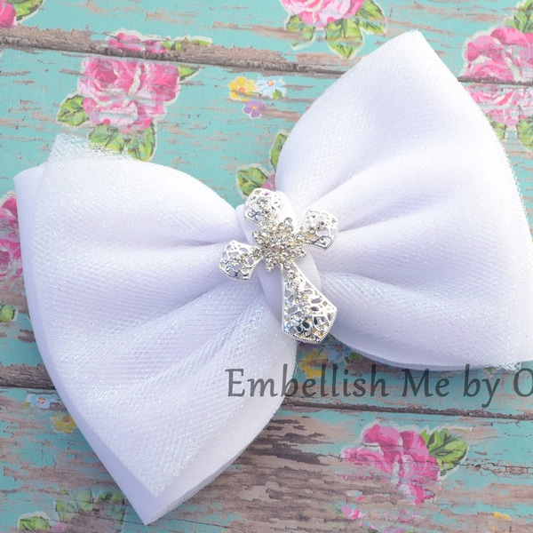 White Cross Puff Tulle Bow, Baptism, First Holy Communion, Large Puffy Bow Clip or Headband, Scuba Bow, Big Bow, Puff Bow, Jumbo Bow