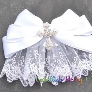 Fancy White Rhinestone Cross Satin and Lace Coquette Style Hairbow, Flower Girl Accessories, First Holy Communion Hairbow, Wedding Hairbow