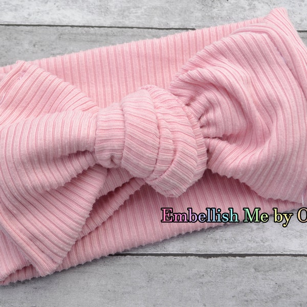 Pink Ribbed Knit Textured Knit Chunky Knotted Bow Wrap on Nylon Headband, Big Bow, Hairbow, Messy Bow, Headwrap