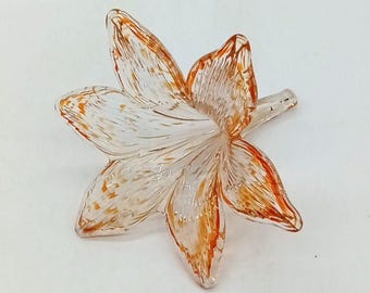 Murano Blown Glass Orange Lilly Flower Clear Art Deco Collectible Figurine