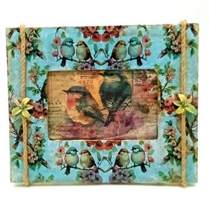 Decoupaged Love Birds & Floral Decorative Photo Frame Embellished
