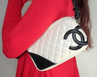 Authentic Chanel Cambon Line Matelasse Black & White Leather Shoulder Bag