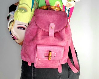 Authentic Gucci Pink Suede Leather & Bamboo Mini Backpack