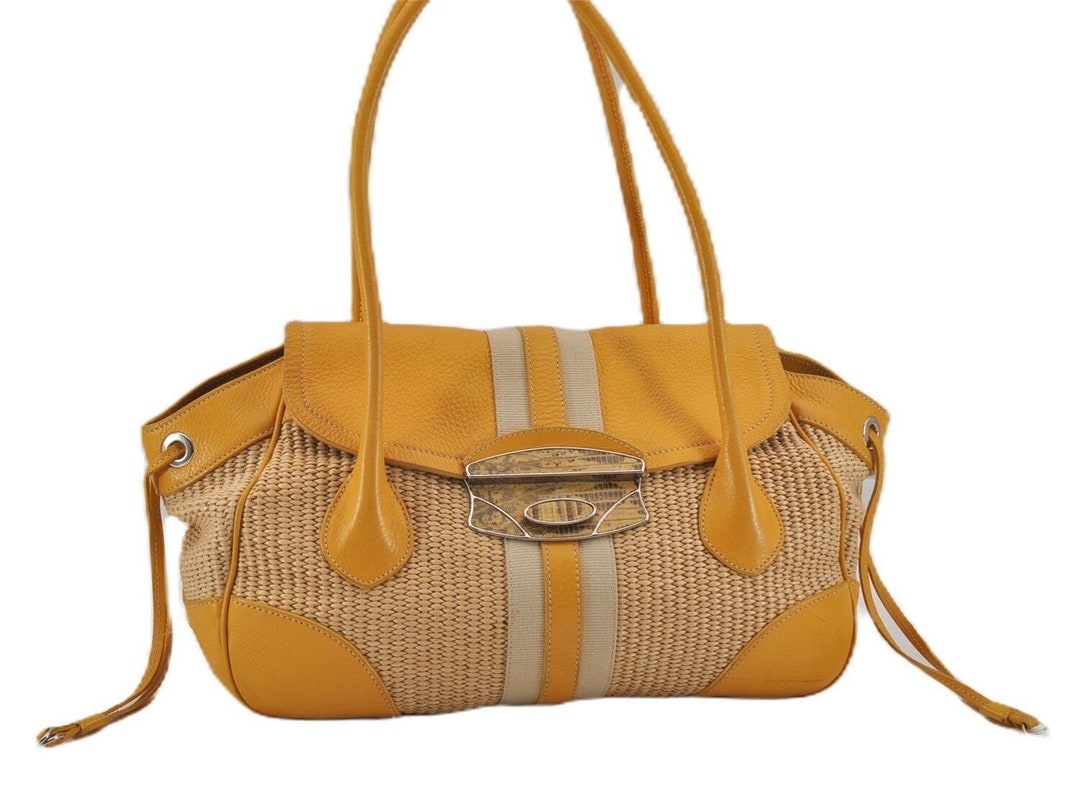 Authentic Vintage Prada Raffia Leather Hand Shoulder Bag Beige Yellow ...