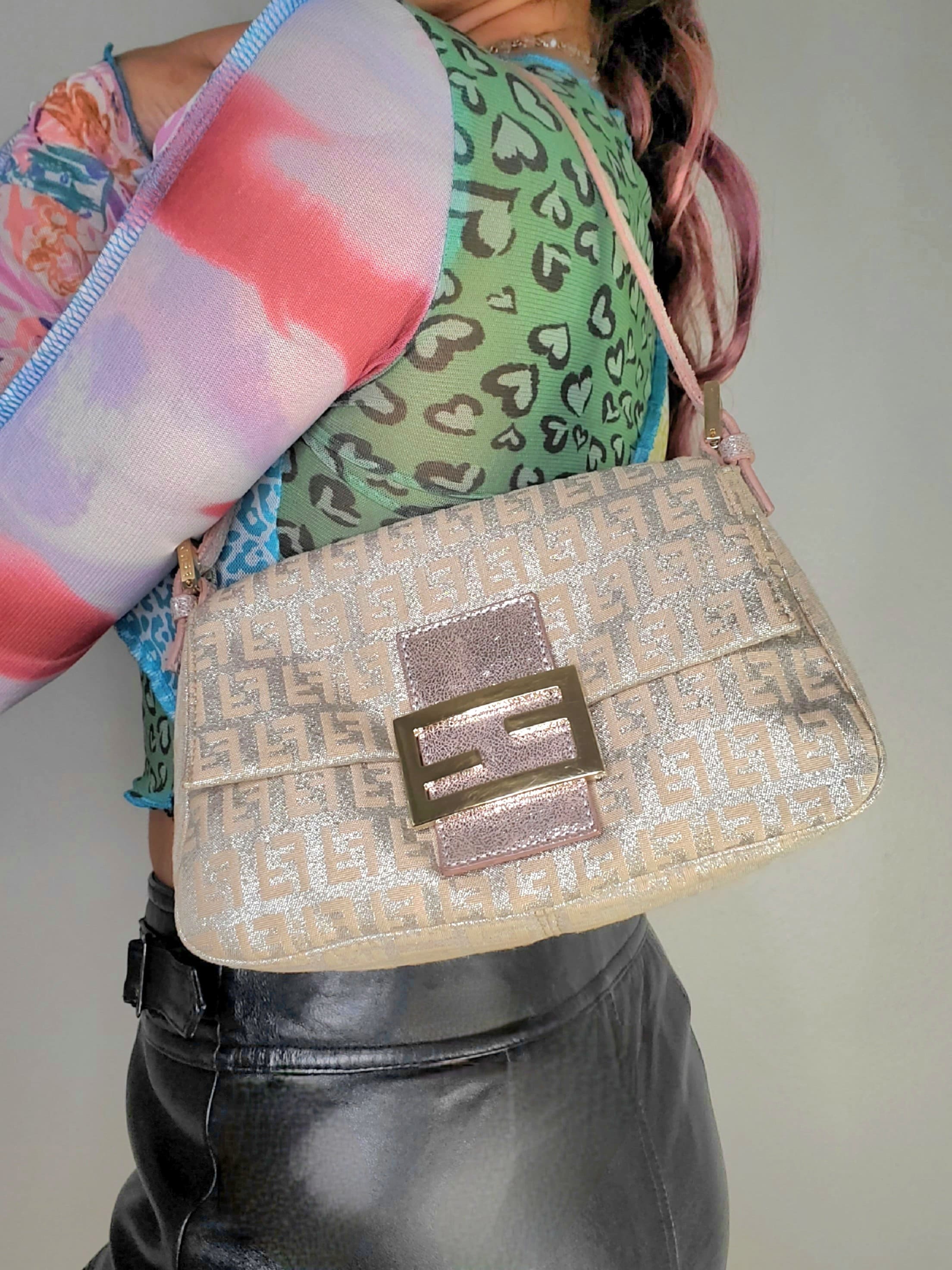 FENDI Vintage Pink Suede Teal Python & Crystal Flower Embroidered Baguette