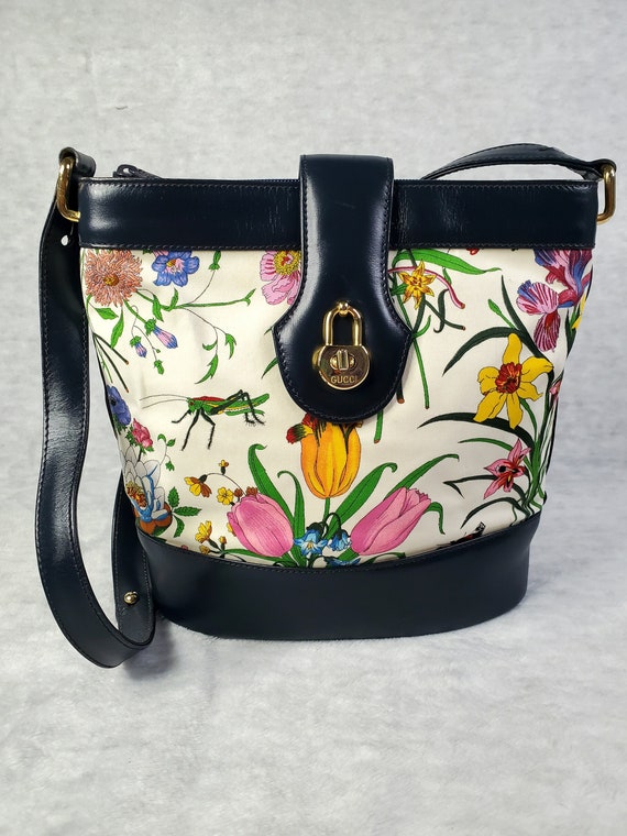 Authentic Vintage Gucci Flora Canvas & Blue Leathe