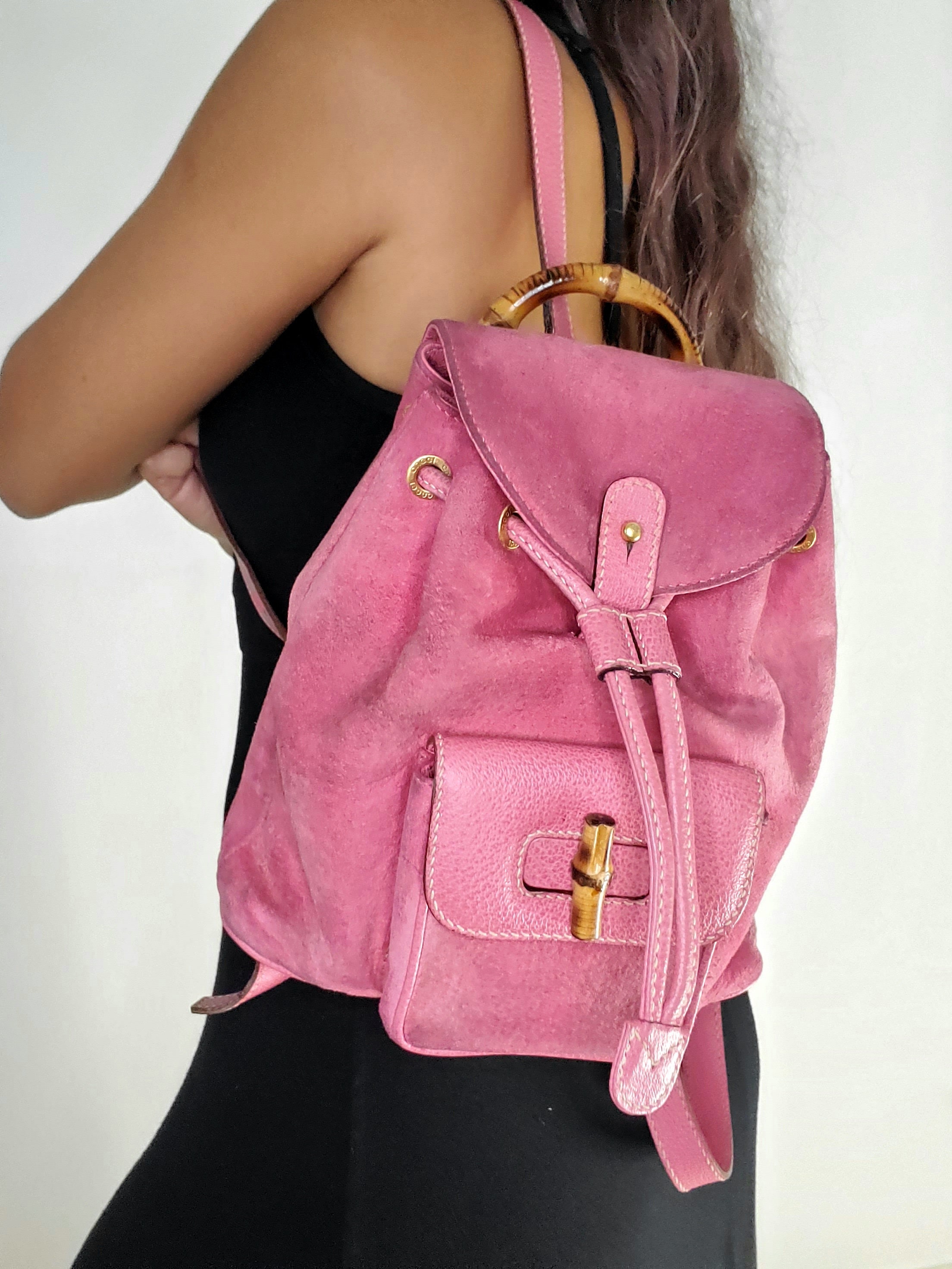 Gucci Pink Suede Leather & Bamboo Mini Backpack 