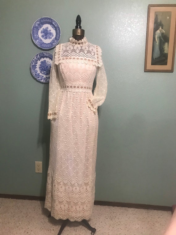 Vintage 1970’s Ivory Crochet Wedding Boho Maxi Dre