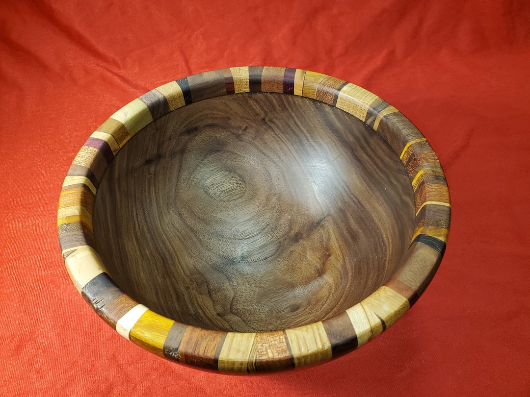 Black Walnut Salad Bowl With Decorative Ring Etsy