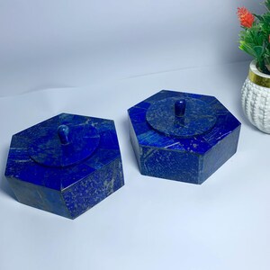 Juego de 2 cajas hexagonales únicas de lapislázuli hechas a mano, joyería, decoración del hogar, regalo