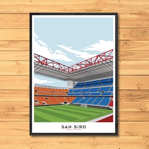 Könnte beinhalten: Ein gerahmter Kunstdruck des San Siro-Stadions mit einer stilisierten Illustration der Stadionarchitektur. Das Kunstwerk zeigt die Sitzplätze des Stadions in Blau und Orange, mit einem grünen Spielfeld und einem blauen Himmel. Der Text "SAN SIRO" befindet sich unten.