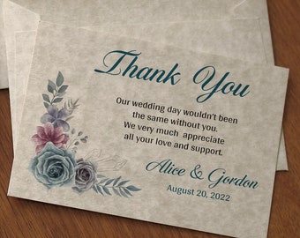 Thank You Card with Envelope (25) Personalized Rustic Wedding Thank You Cards, Floral Printed Cards, Parchment Natural Envelopes