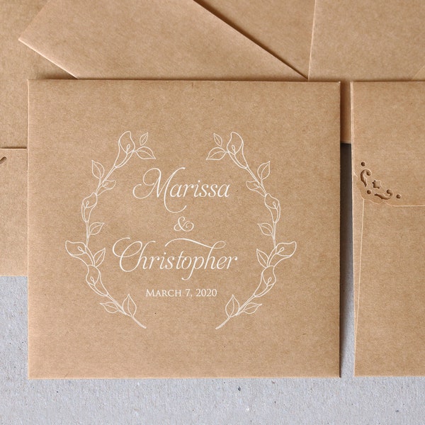 50 Personalized CD Sleeves - Rustic Wedding Favor Envelopes -  Square Brown Kraft CD Envelopes - Calla Lilies Wreath Logo Printed