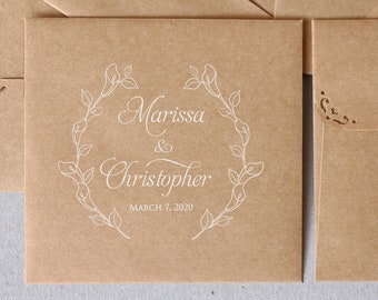 50 Personalized CD Sleeves - Rustic Wedding Favor Envelopes -  Square Brown Kraft CD Envelopes - Calla Lilies Wreath Logo Printed